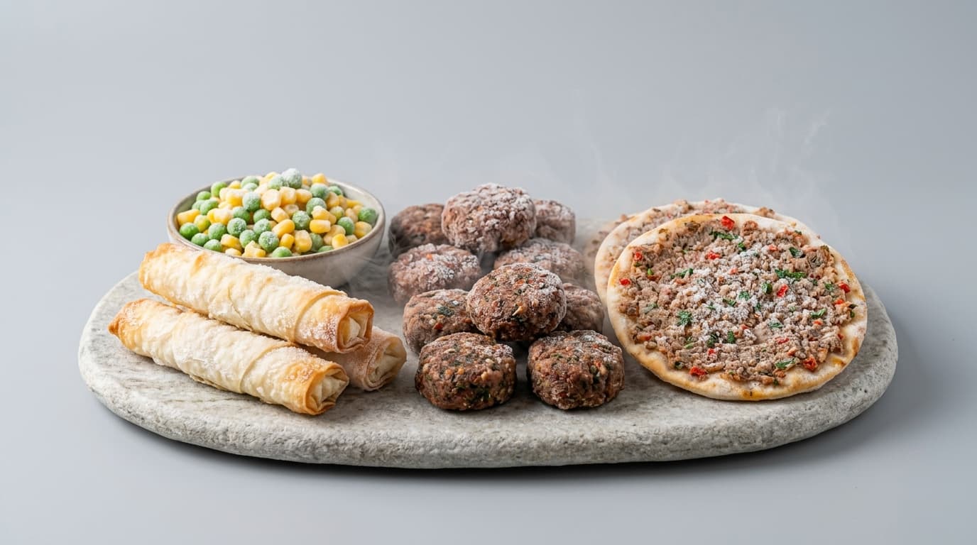 Assortiment de spécialités surgelées böreks, köftes, lahmacun et légumes à Calais